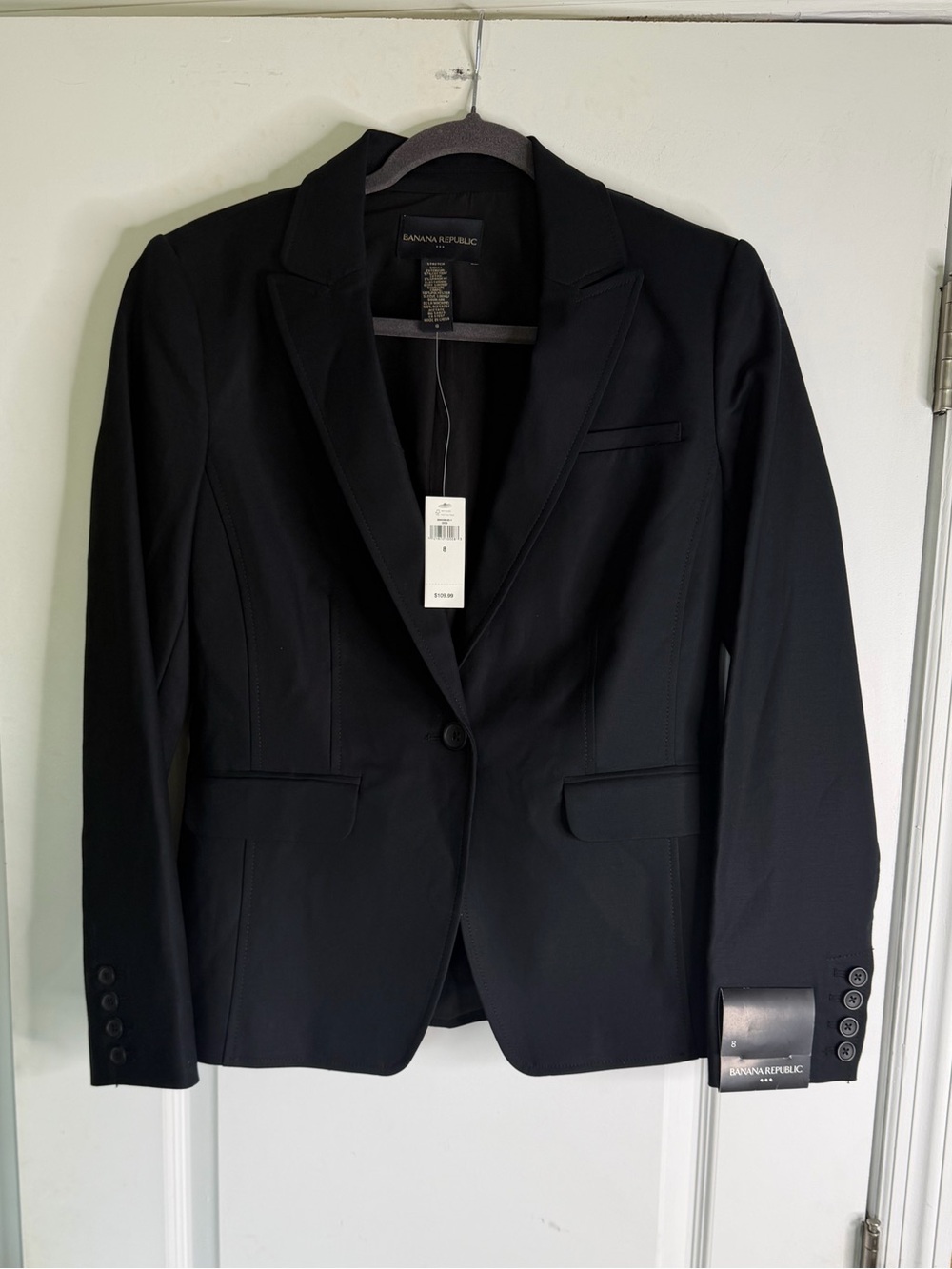 NWT Banana Republic Black Women's Single-Button Tailored Stretch Blazer. Size 8